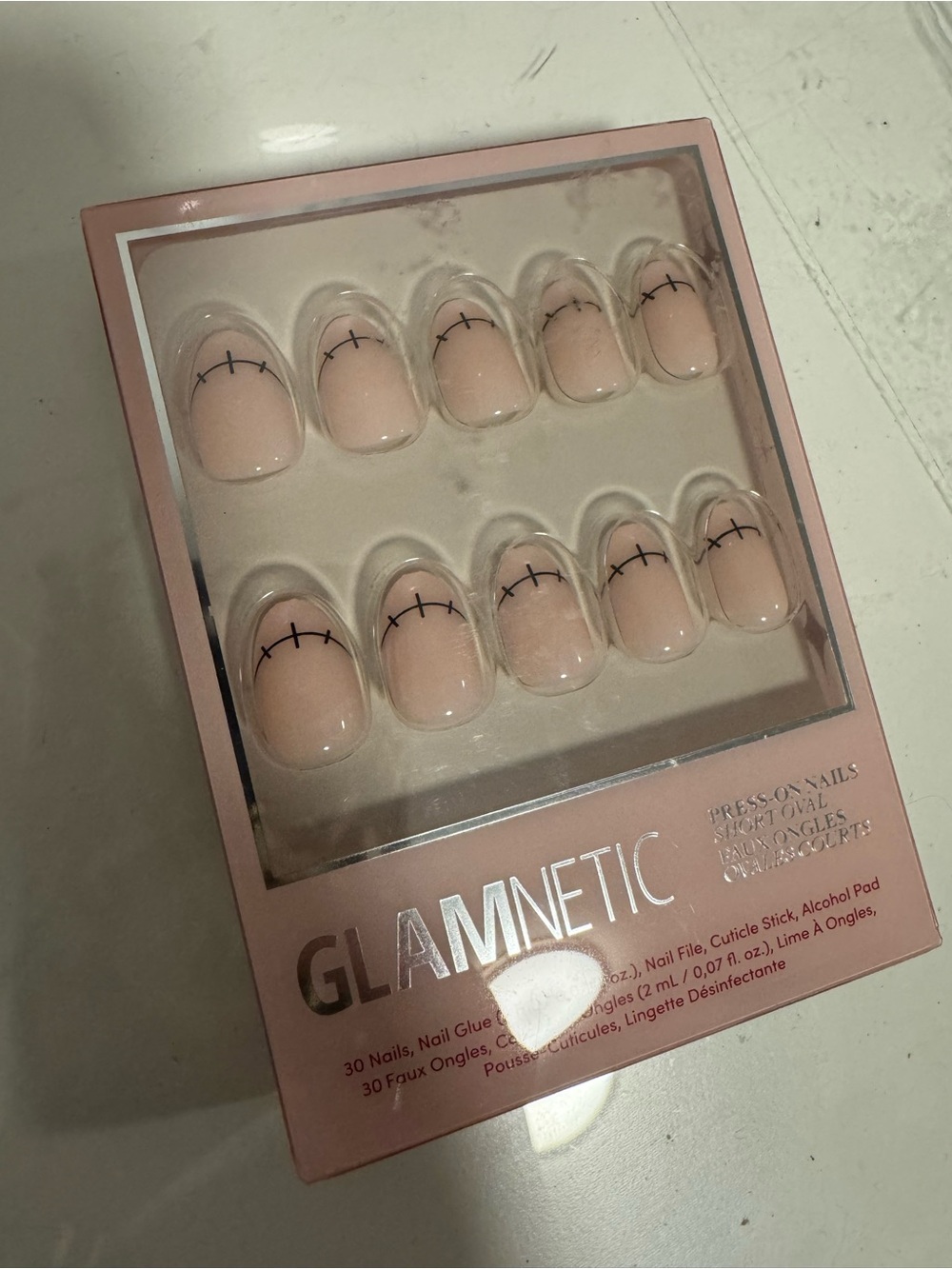 Nude Pink Press-On Nails with Black Stitch Detail - Frankenbabe Short Oval